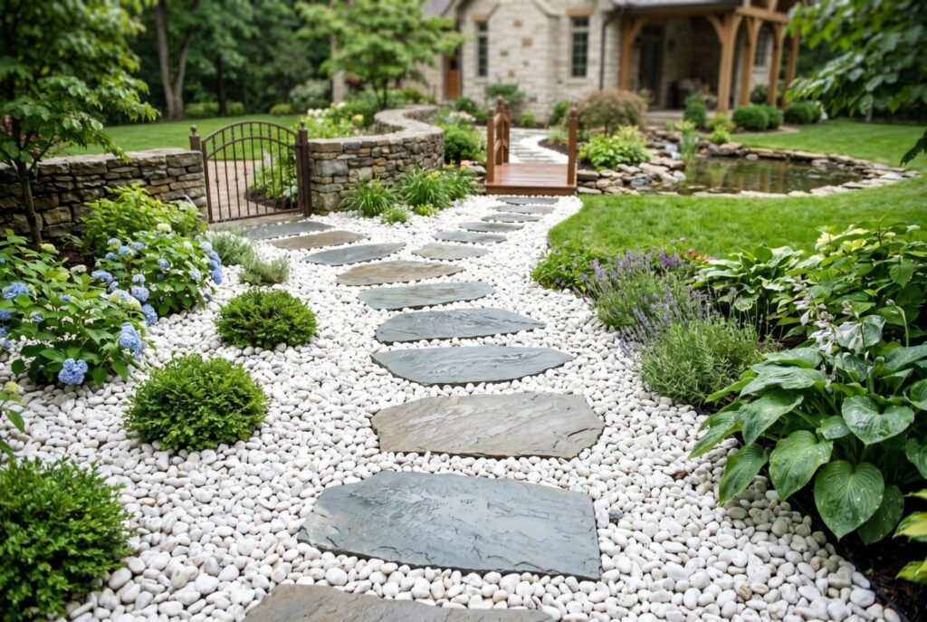 Large stepping stones through white landscaping rock garden with layered plantings. 