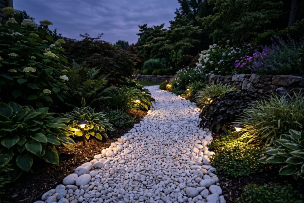 Hidden solar lights reflecting off white landscaping rock along garden pathway at night. 