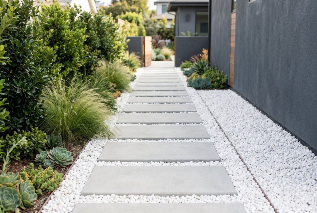 Floating concrete stepping stones over white landscaping rock in modern garden pathway. 