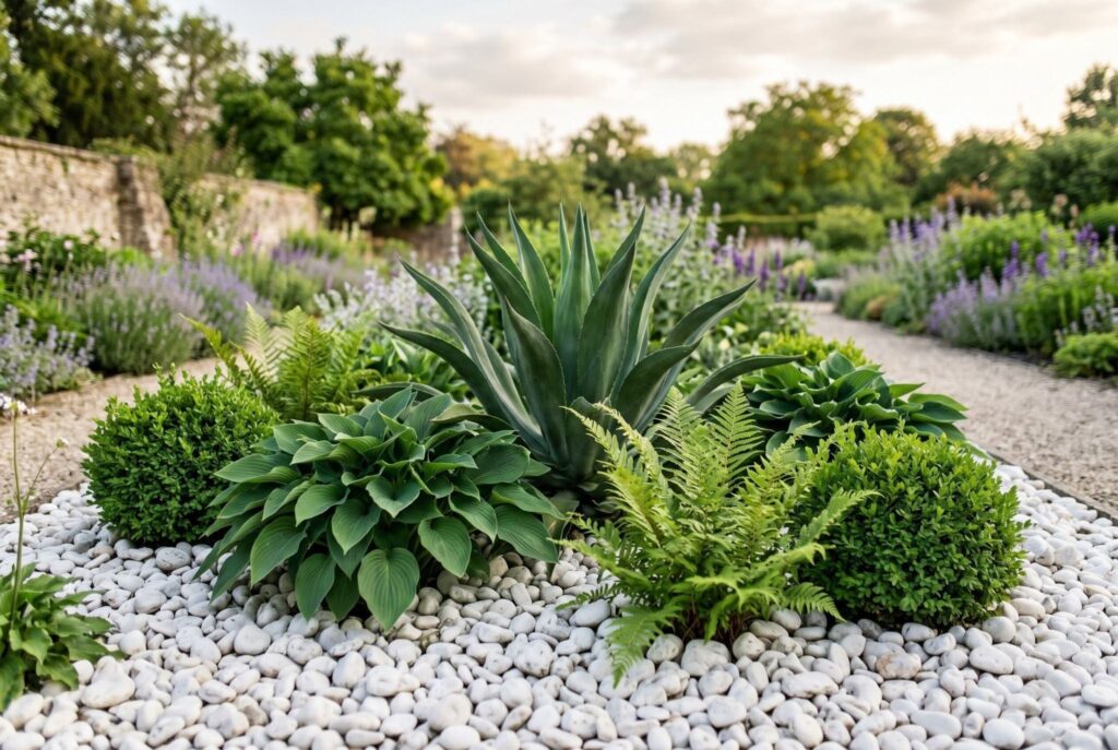Emerald green agave, hostas, and ferns highlighted by white landscaping rock ground cover. 
