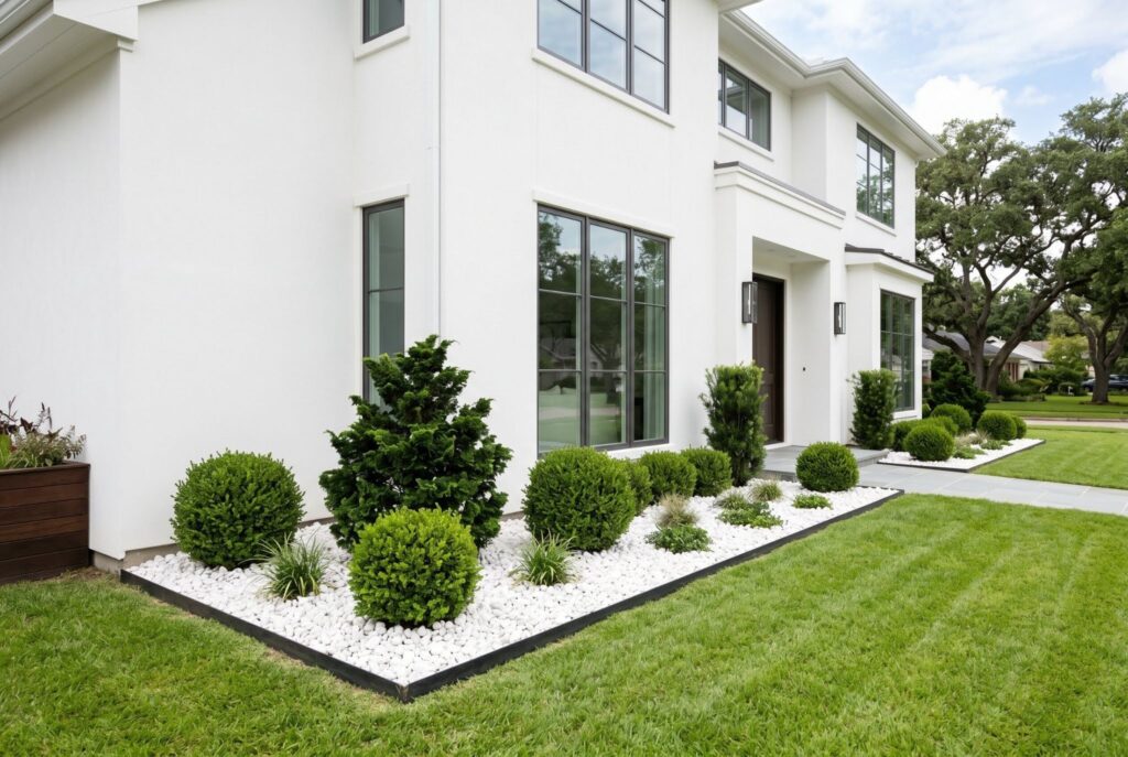 White rock border around modern white house with boxwood shrubs and clean landscape edging. 