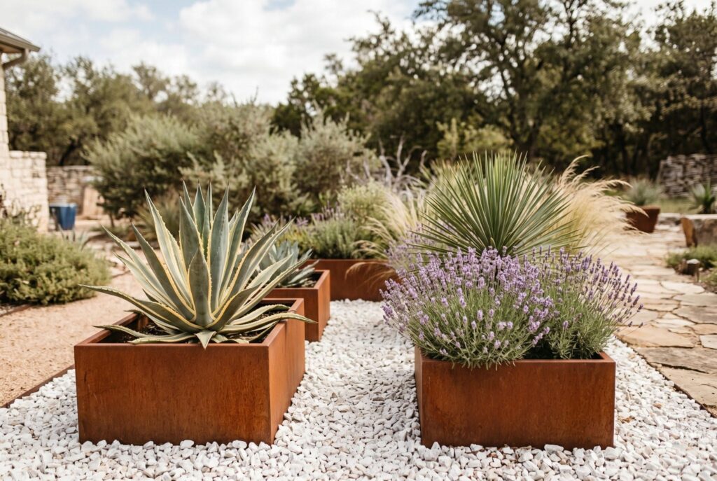 Corten steel planters on white marble chips with agave and drought tolerant plants. 