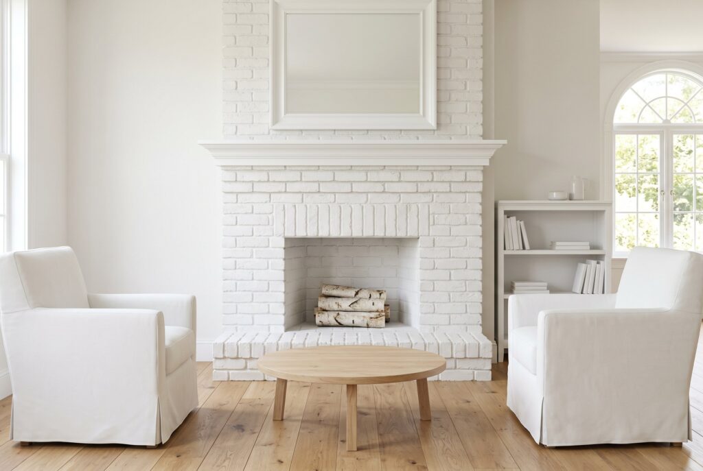 White living room with floating oak shelves, neutral decor, and minimalist styling.