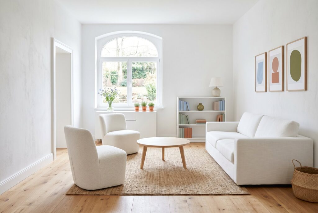 White living room combining layered textures, natural materials, and timeless neutral design.