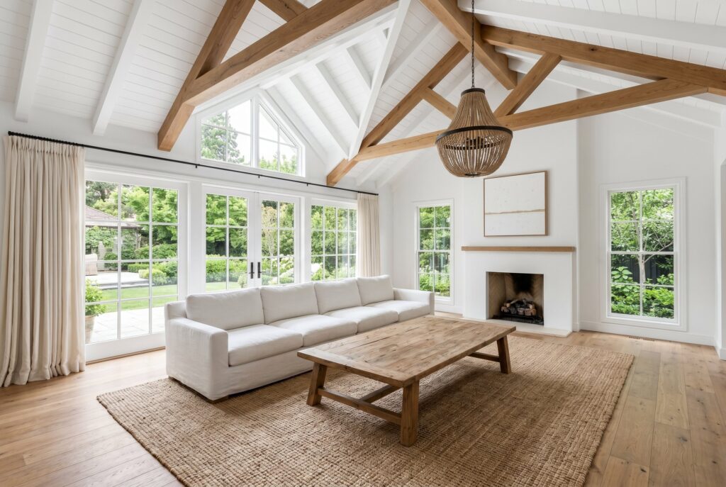White fireplace mantel topped with a large framed mirror in a bright minimalist living room.