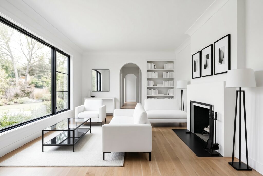 White-painted brick fireplace surrounded by white armchairs and warm wood flooring.