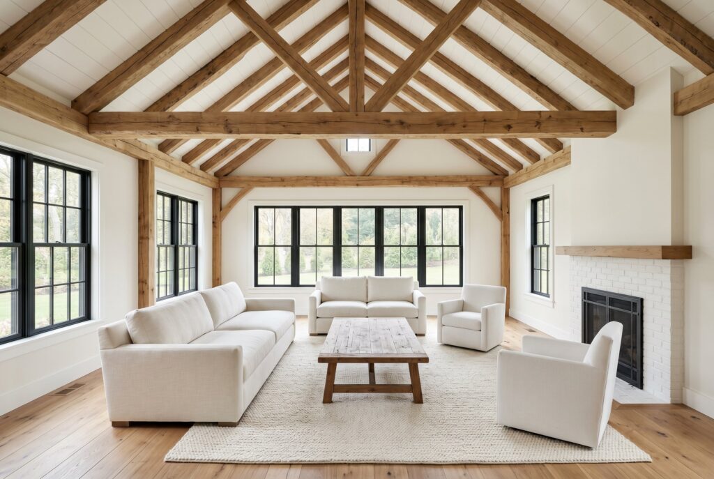 White fireplace mantel topped in a bright minimalist living room.