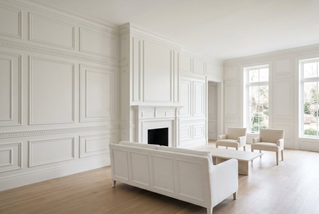 White living room with arched doorways, curved furniture, and natural wood flooring.