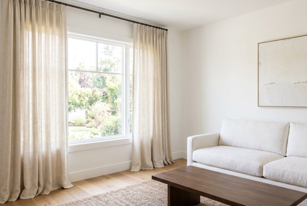 White living room accented with warm wood tones, natural textures, and cozy layered furnishings.