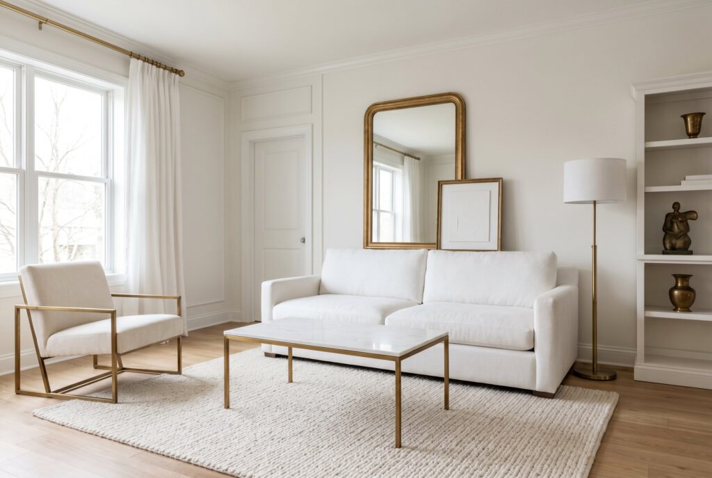 Warm metallic accents including brass lighting and decor paired with a white neutral palette.