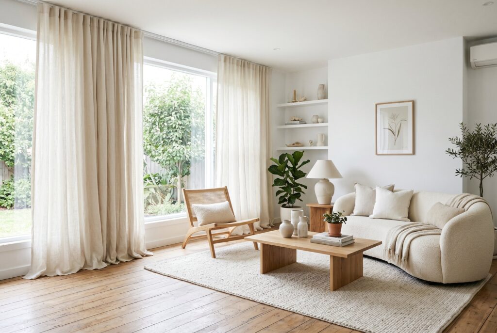 Bright white living room with floor-to-ceiling linen curtains, curved sofa, wood coffee table, and soft neutral decor.