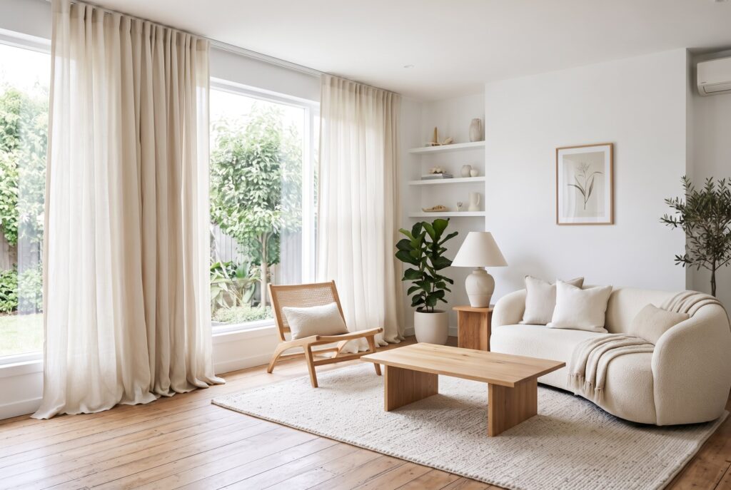 Bright white living room with floor-to-ceiling linen curtains, curved sofa, wood coffee table, and soft neutral decor.