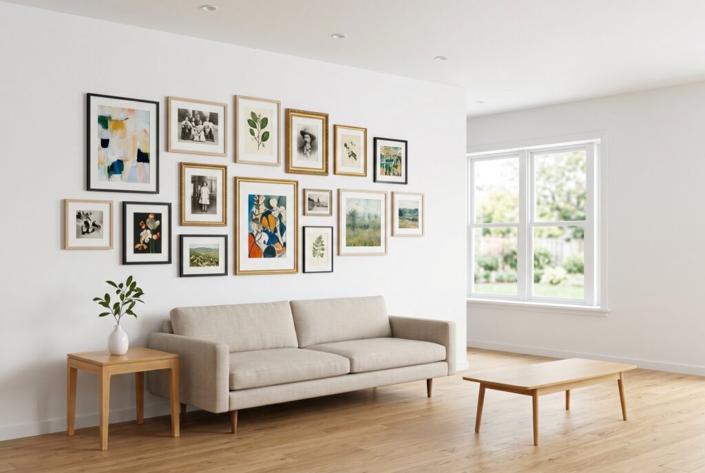 Gallery wall of framed artwork displayed on white walls above neutral furniture in a bright living room.