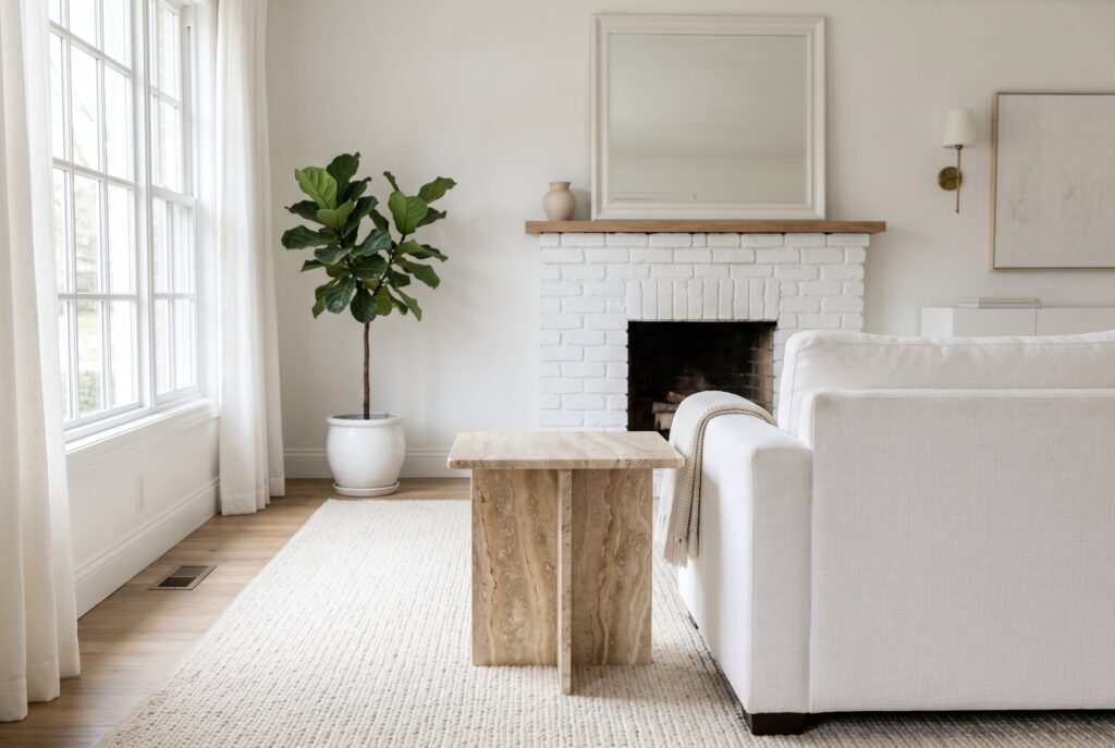 Modern white living room with an oak coffee table, white sofa, and textured area rug.