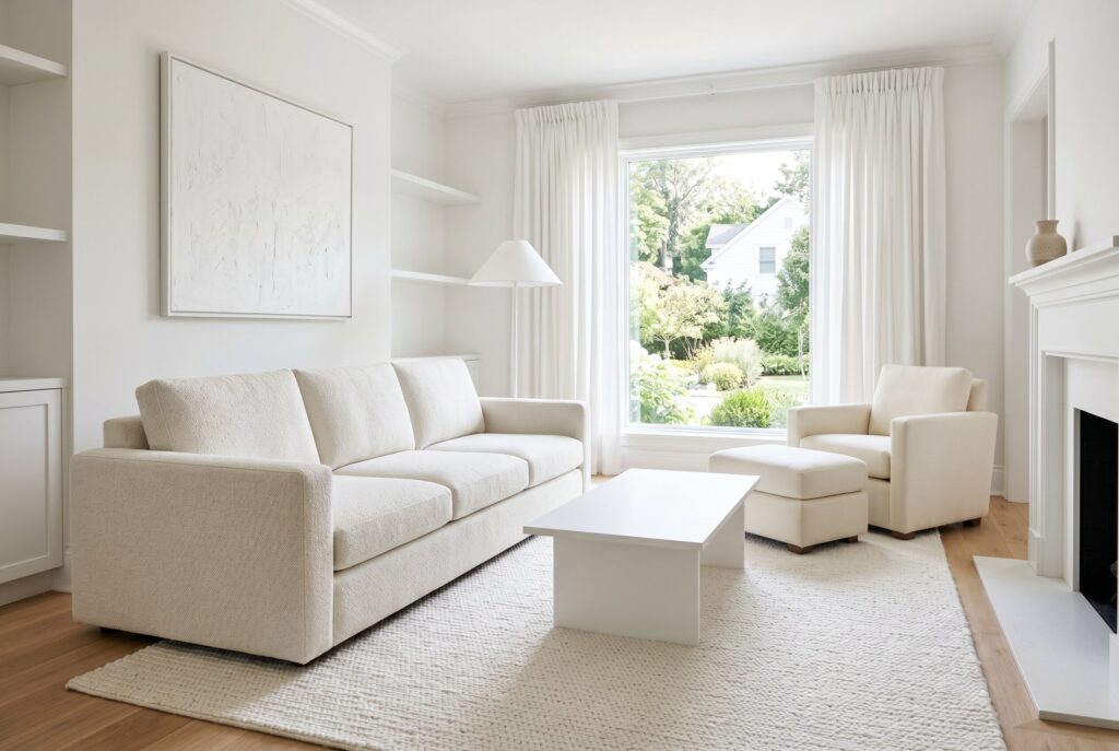 Cozy white seating area with washable upholstery, textured rugs, and practical everyday styling.