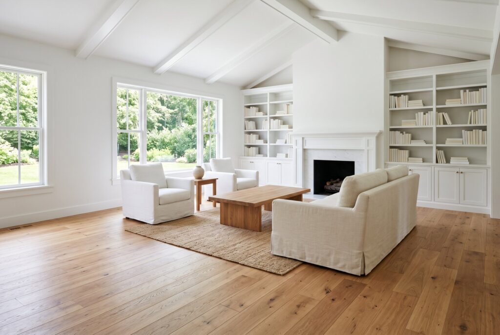 White living room with wide-plank wood floors, white seating, built-in shelving, and a natural fiber rug.