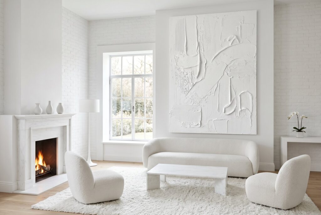 White living room art displayed above a neutral sofa with layered textures and minimalist decor.