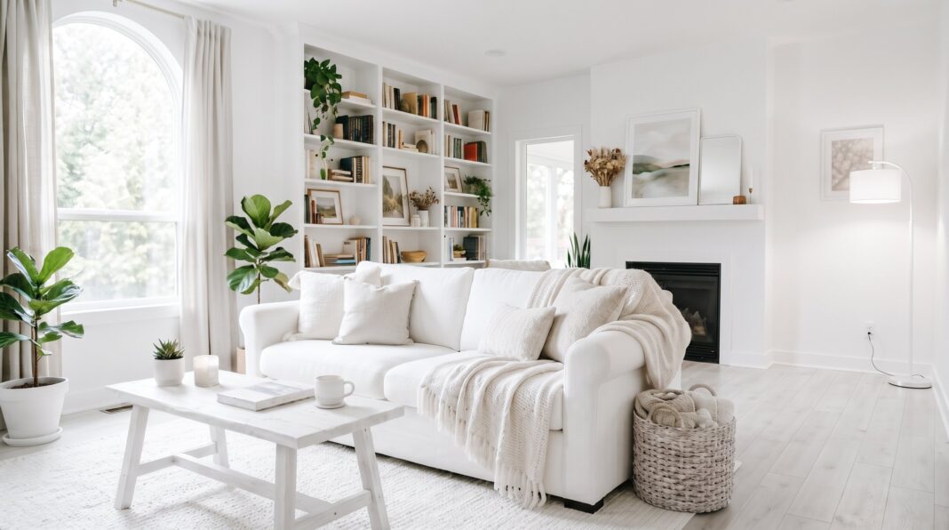 Cozy white living room with cream sofa, wood coffee table, built-in bookshelves, fireplace, and warm natural light.