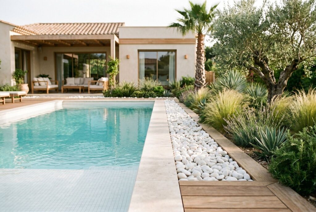 White landscaping rock pool border with olive trees and resort style backyard landscaping. 