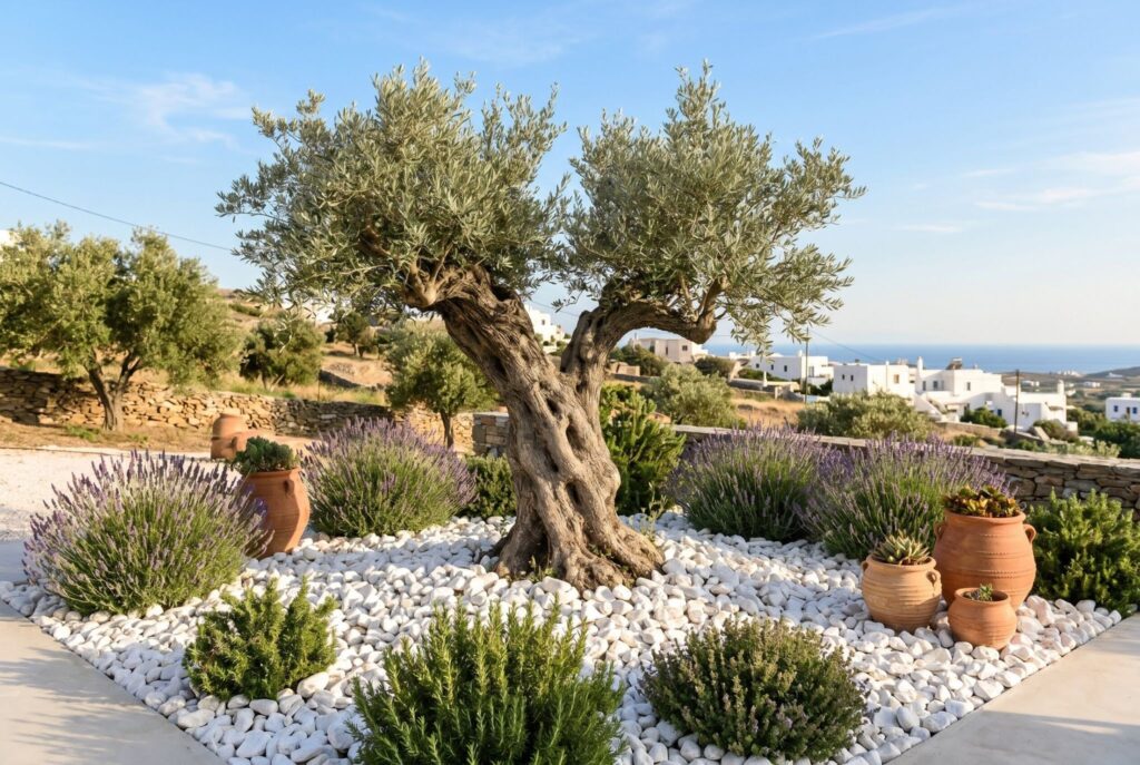 Olive tree surrounded by white landscaping rock, lavender, and Mediterranean garden styling. 