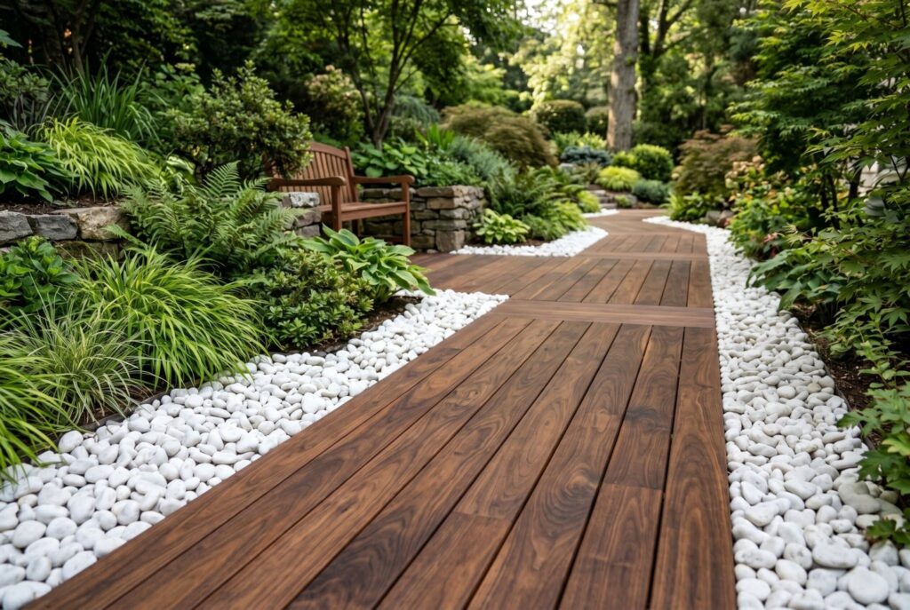 Walnut wood decking framed by white pebbles with lush garden planting beds. 