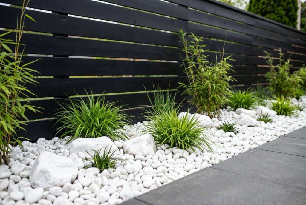 Matte black fence backdrop with white landscaping rock and ornamental grasses. 
