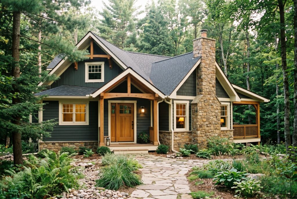 Deep forest charcoal exterior cabin with cream trim, oak accents, stone chimney, and woodland backdrop.
