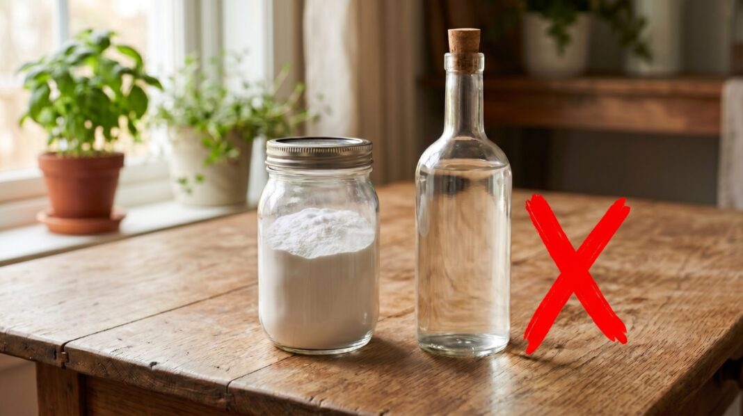 A jar of baking soda and a bottle of vinegar on a wooden table, marked with a large red X.