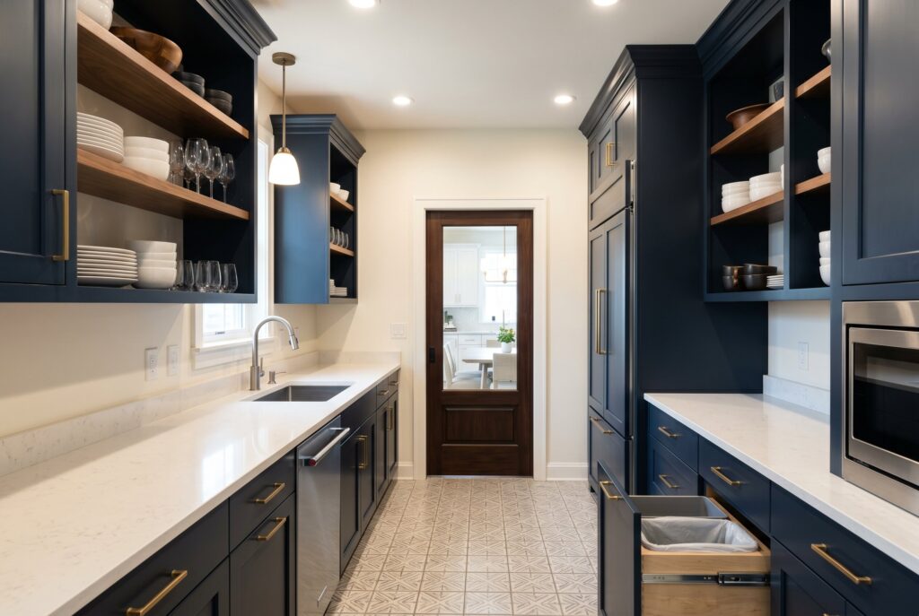 Butler’s pantry with navy cabinetry, sink, open shelves, and beverage storage.