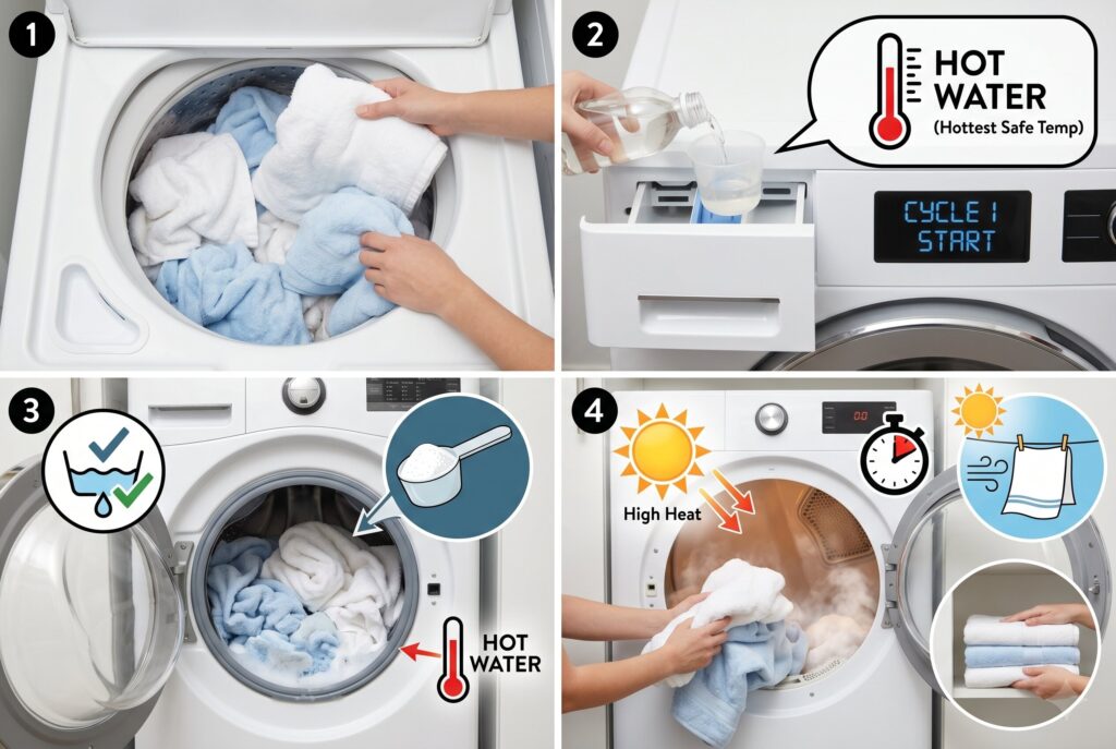 Four-step guide: load washer, add vinegar with hot water, add baking soda, dry on high heat.