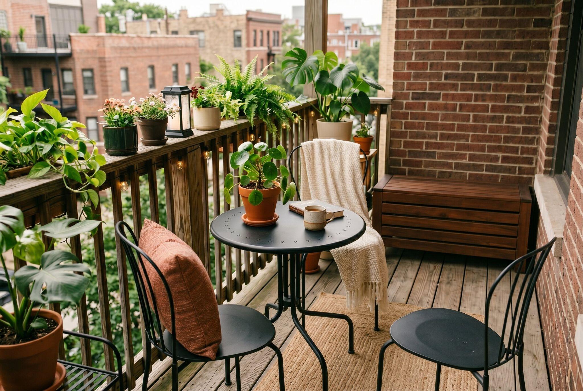 Weather resistant accent pillows on small balcony furniture with urban jungle decor. 