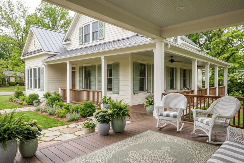 Sage green shutters on white farmhouse with wrap around porch and curb appeal landscaping. 