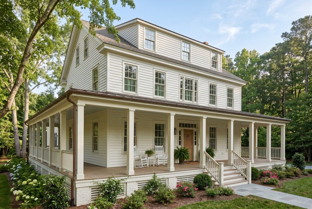 Colonial house with wrap around porch addition, white siding, and classic front porch design. 
