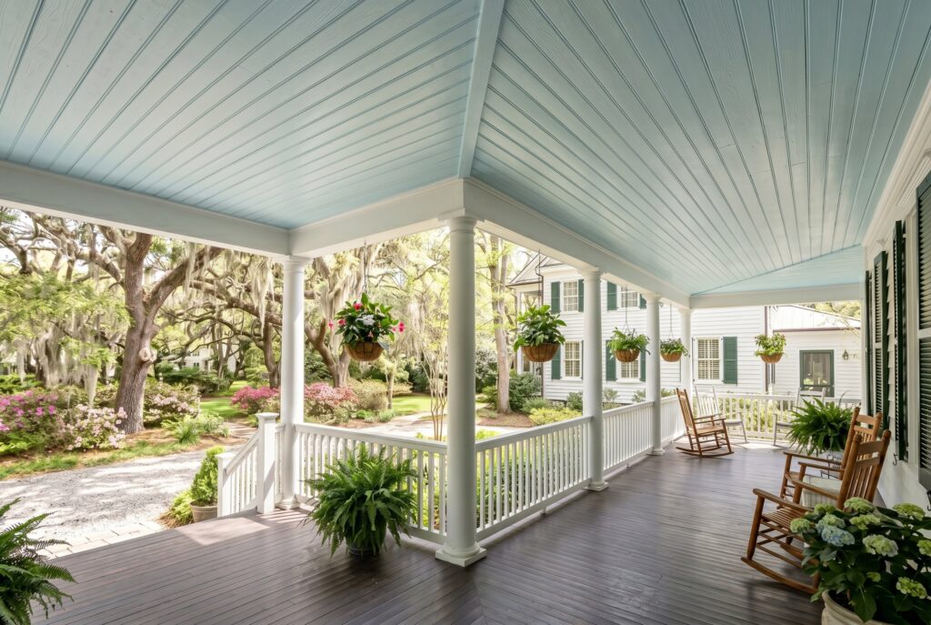 Haint blue tongue and groove porch ceiling with rocking chairs and Southern charm. 