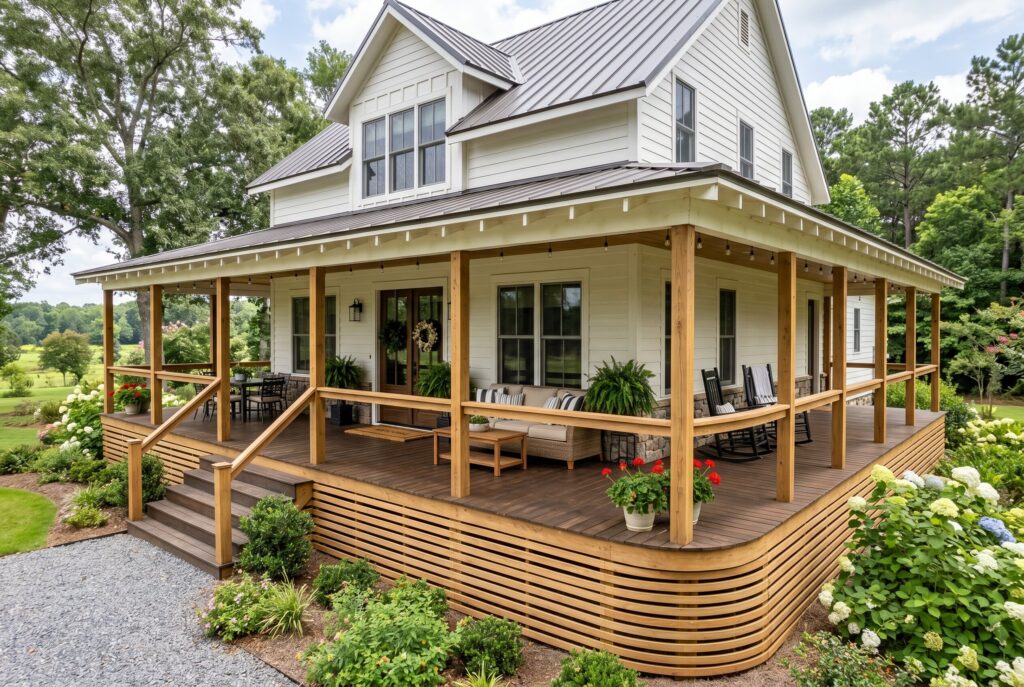 Horizontal oak wood slat skirting on modern farmhouse wrap around porch with wood posts. 