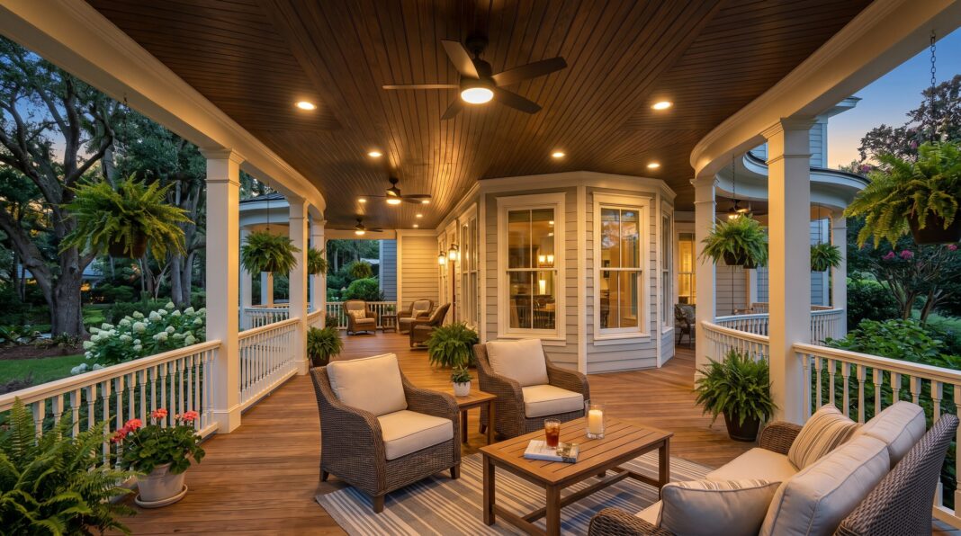 Wrap around porch ideas with outdoor lounge seating, wood ceiling, and Southern style living.