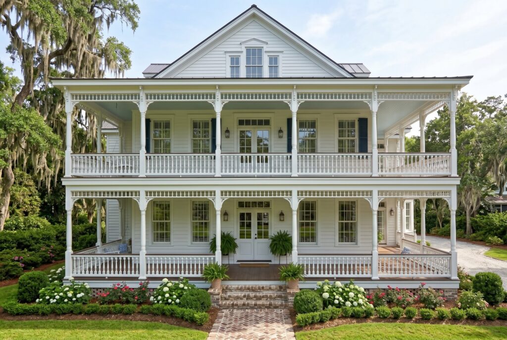 Double decker wrap around porch with upper balcony, white railings, and Southern architecture. 