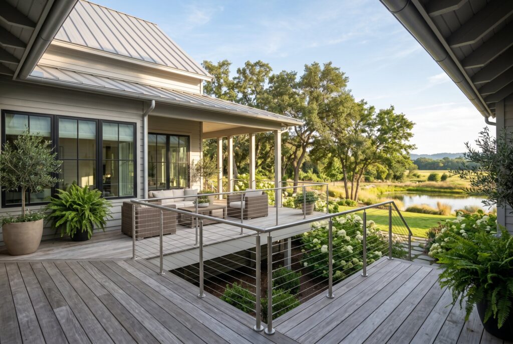 Stainless steel cable railings on contemporary wrap around porch with scenic landscape views. 