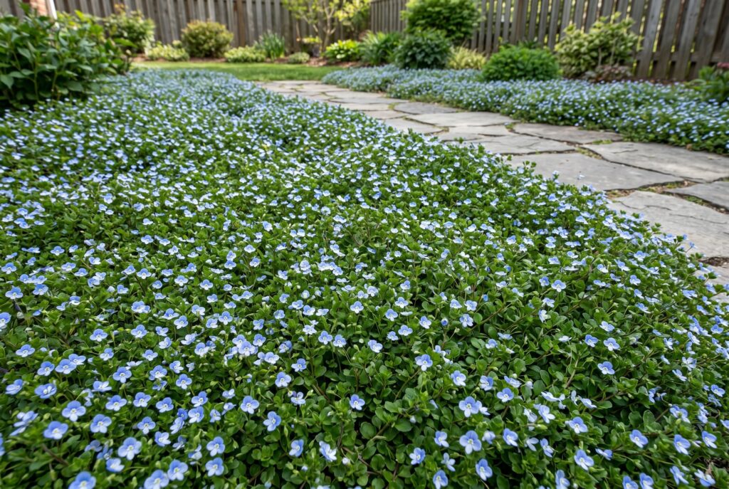 A dense, attractive carpet of creeping speedwell displaying small green leaves and tiny blue flowers alongside a flagstone walkway.