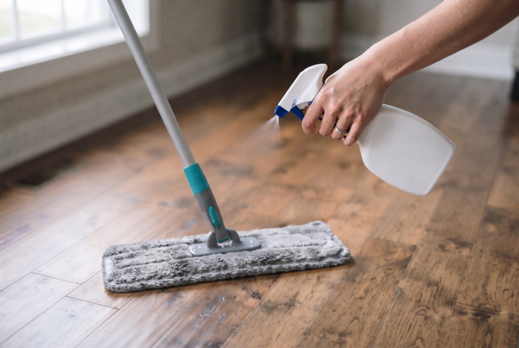 A person spraying cleaning solution directly onto a microfiber mop head held above the hardwood floor.
