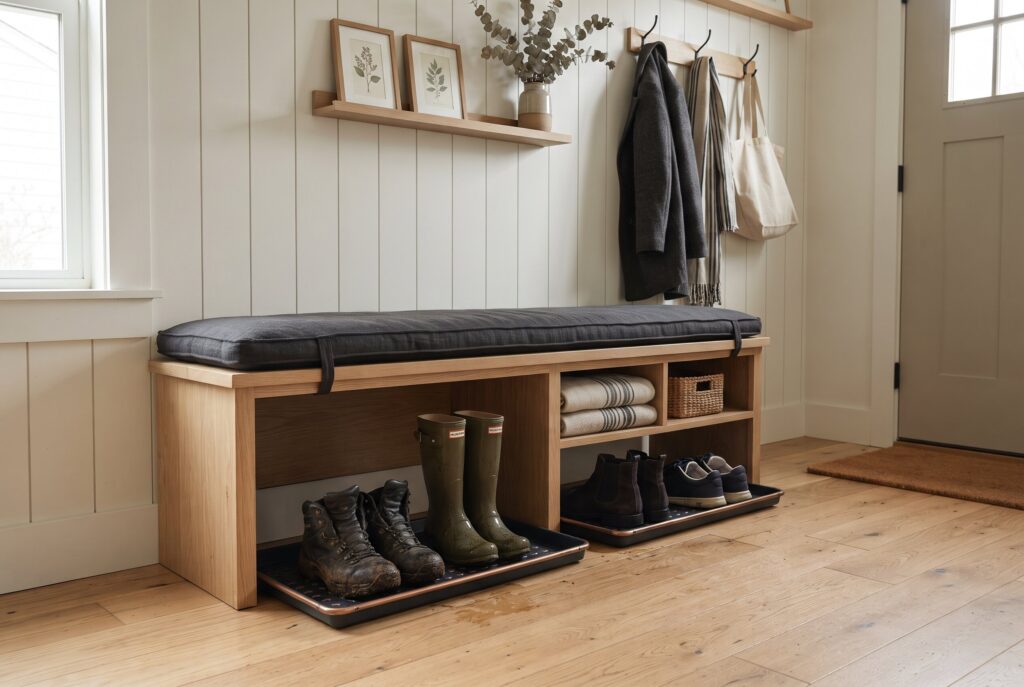 A wooden entryway bench with a cushion, featuring lower shelves with boot trays. 