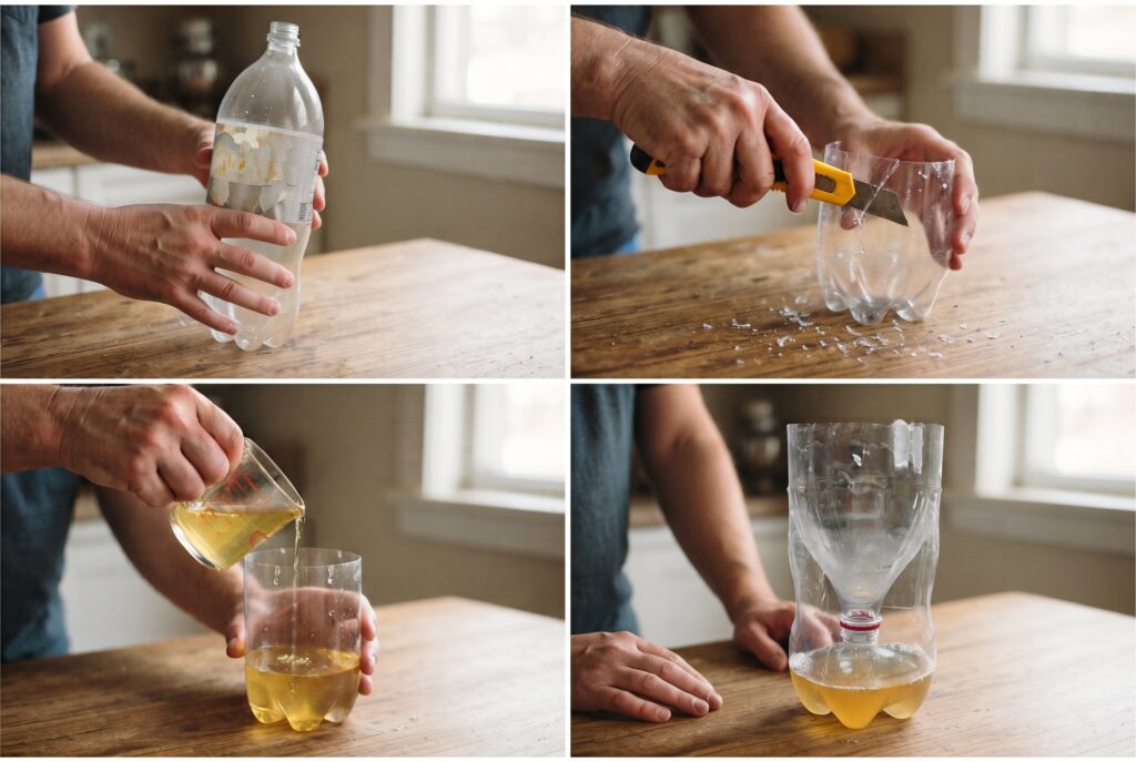 A collage showing the process of cutting a plastic bottle, pouring in bait, and assembling a DIY fly trap.