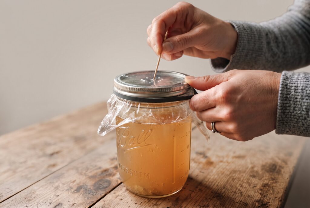 A person securing plastic wrap over a jar and poking small holes with a toothpick.