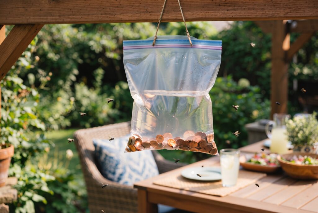 A plastic bag filled with water and coins hanging from a wooden beam near an outdoor dining table.