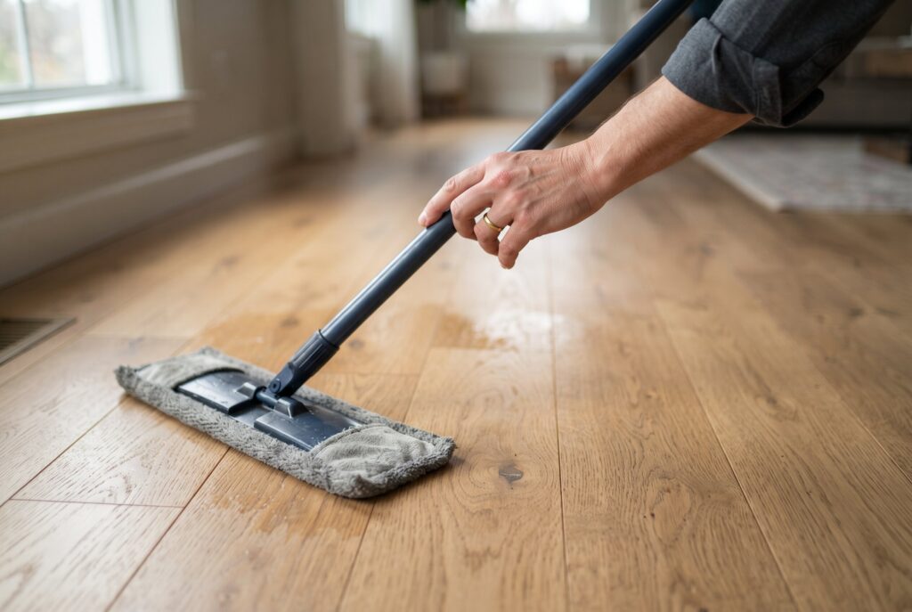 A person's hand using a flat microfiber mop to clean a hardwood floor.
