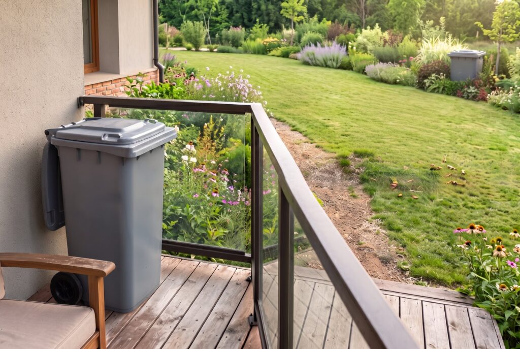 A backyard view showing a gray trash bin on a wooden deck next to a compost bin on the lawn.