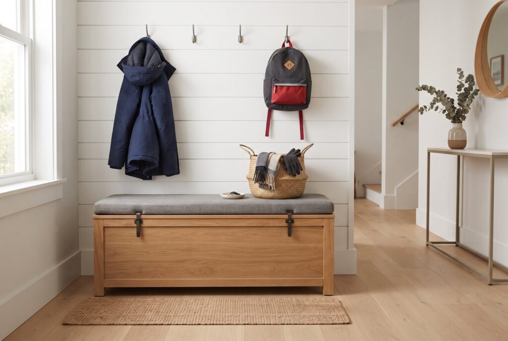 A wooden trunk-style bench with a gray cushioned seat, holding bags and coats above. 
