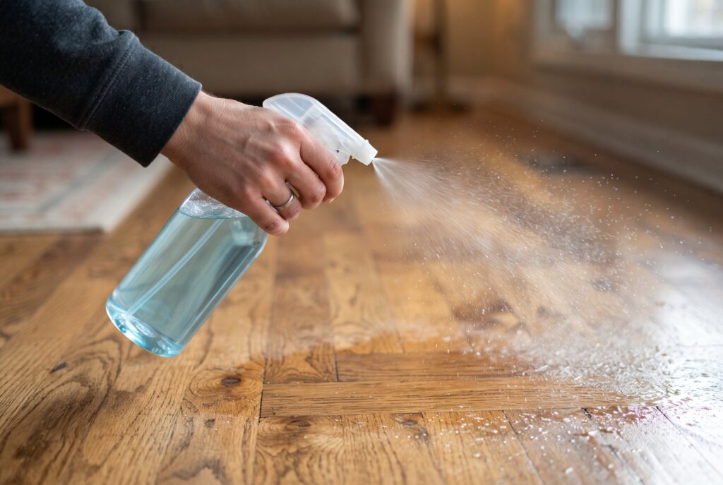 A hand spraying a light mist of cleaning solution onto a hardwood floor.