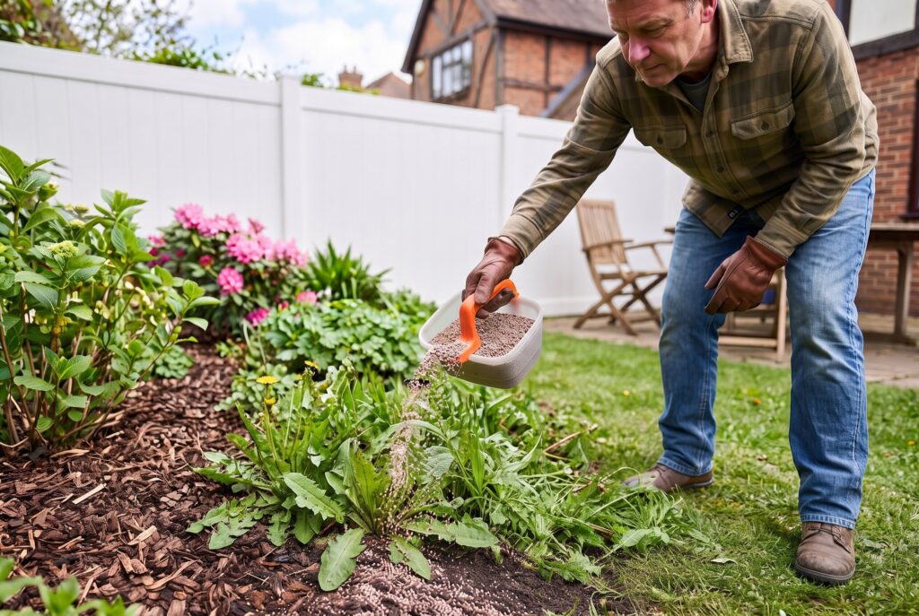 A person applying fertilizer or granules by hand to a garden bed.