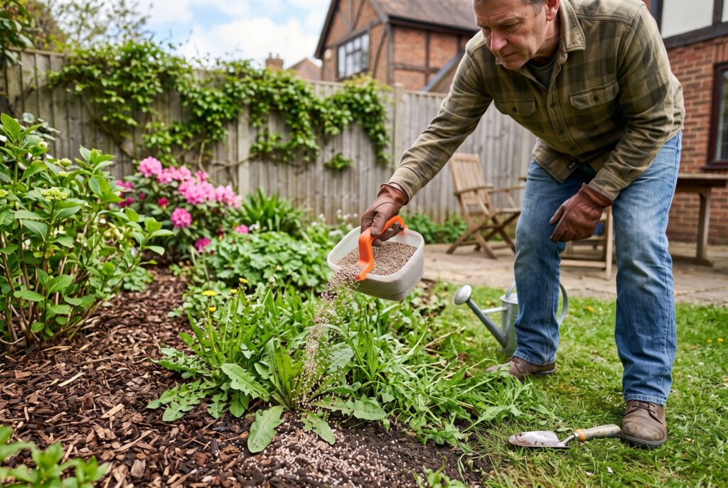 A person applying fertilizer or granules by hand to a garden bed.